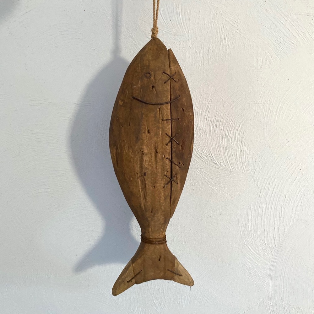 large Primitive Wooden Fish - wood and metal rustic folk art decor